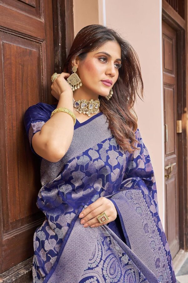 SWORNOF Womens Kanjivaram Silk Saree with Zari Woven Saree With Blouse Piece - Image 4